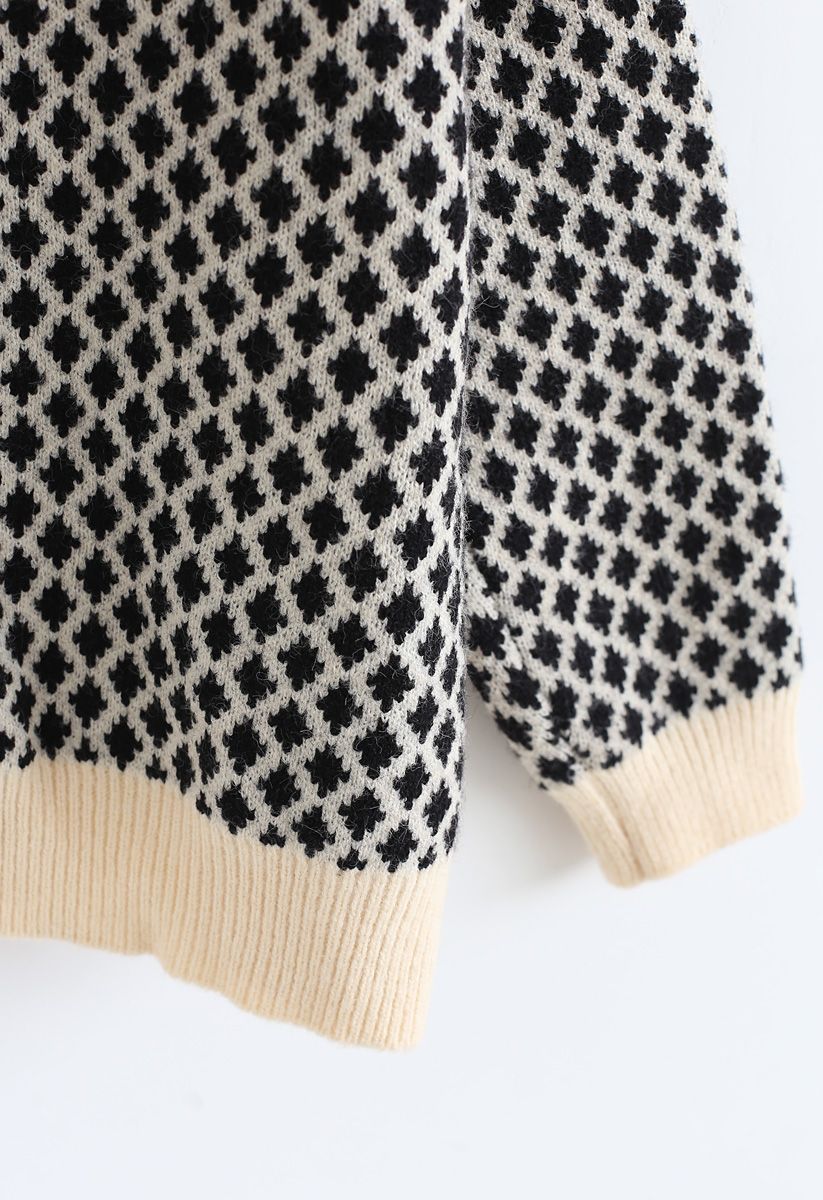 Contrast Diamond Pattern Knit Button Down Cardigan - Retro, Indie and ...