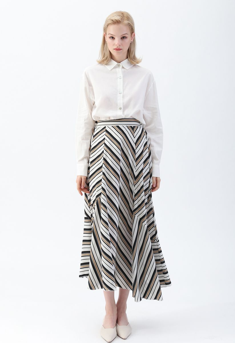 Stripe Asymmetric A-Line Maxi Skirt - Retro, Indie and Unique Fashion