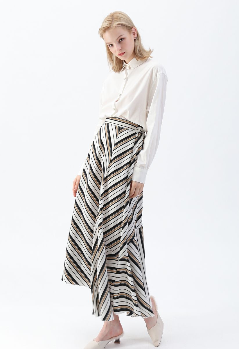 Stripe Asymmetric A-Line Maxi Skirt - Retro, Indie and Unique Fashion