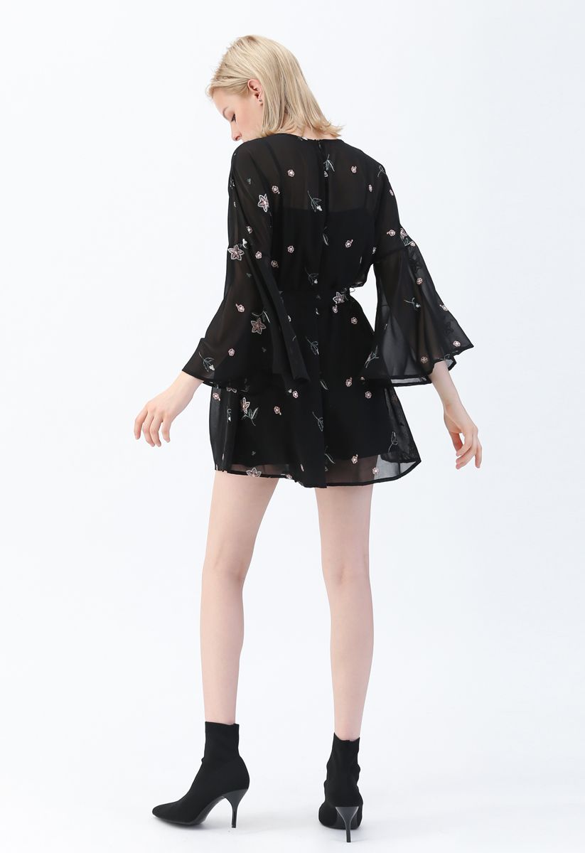 Floret Embroidered Bell Sleeves Chiffon Playsuit in Black