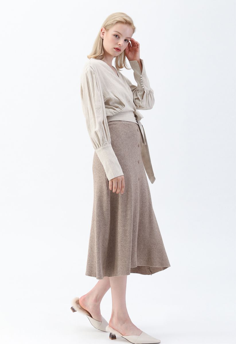 Button Front Trim Ribbed Knit Midi Skirt in Light Tan