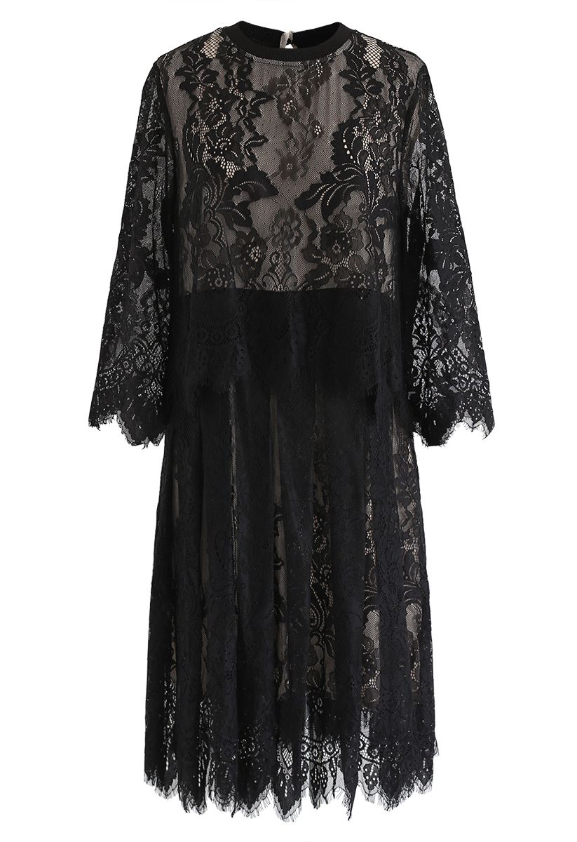 Fake Two-Piece Lace Midi Dress in Black - Retro, Indie and Unique Fashion