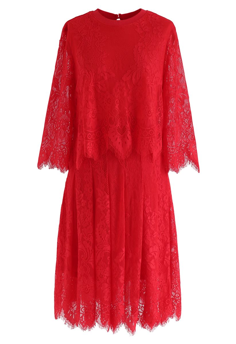 Fake Two-Piece Lace Midi Dress in Red 