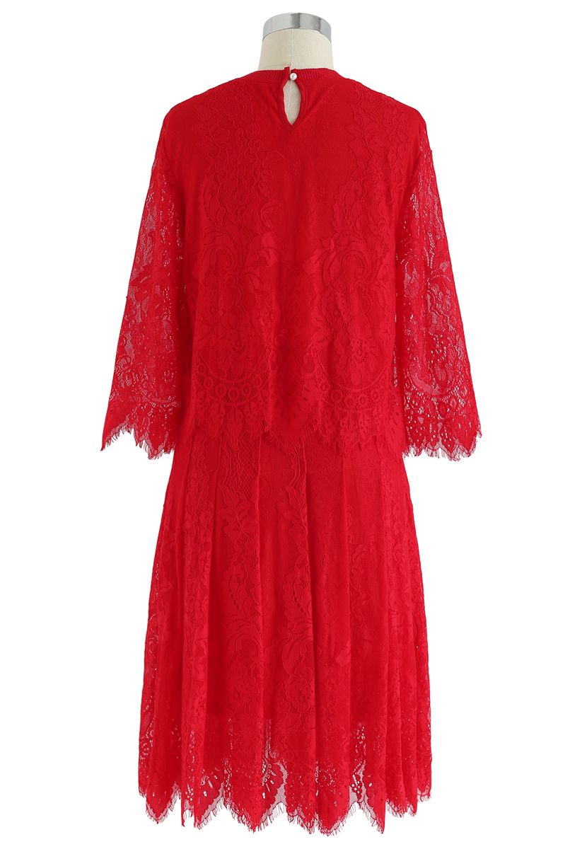 Fake Two-Piece Lace Midi Dress in Red - Retro, Indie and Unique Fashion