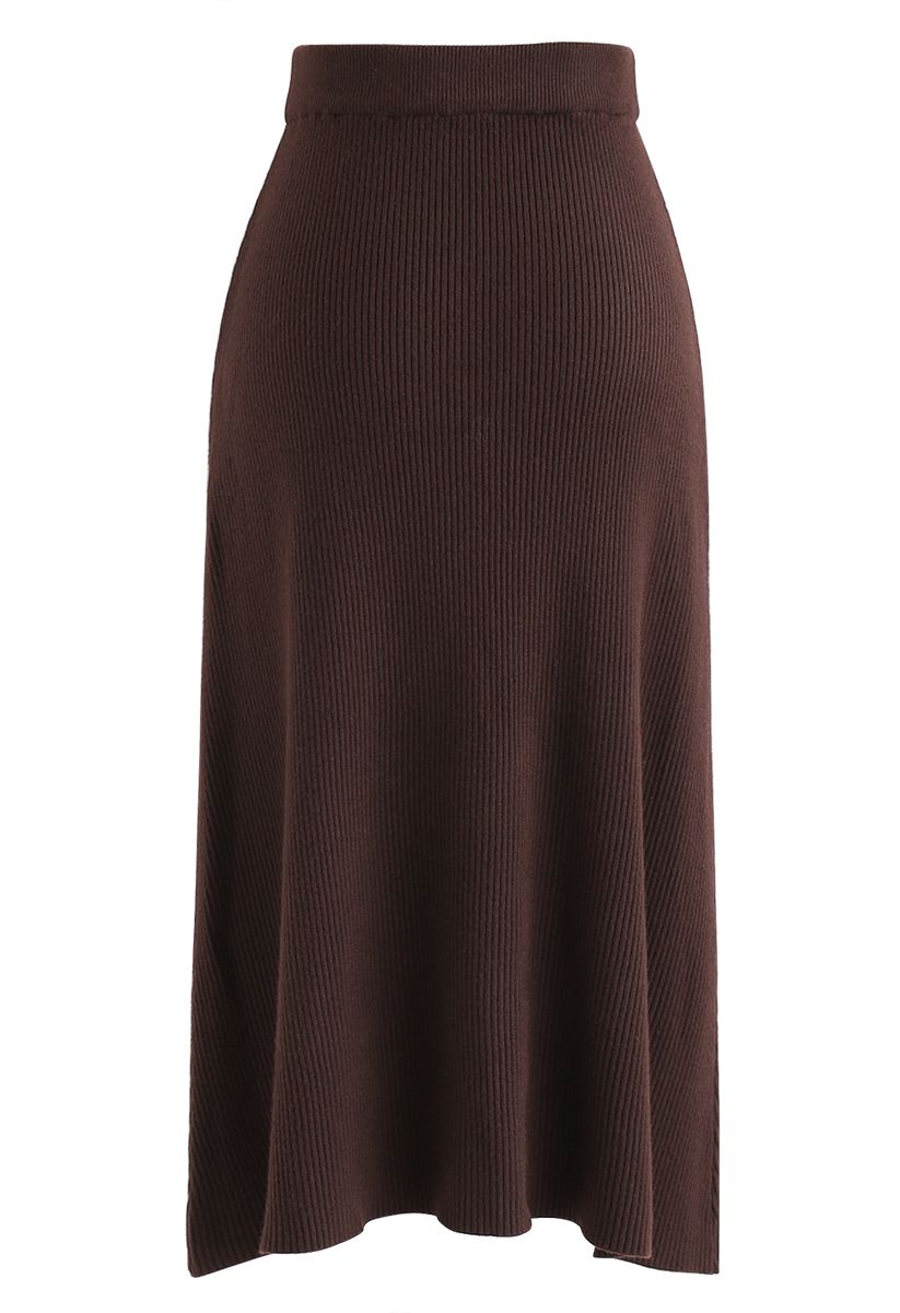 Button Front Trim Ribbed Knit Midi Skirt in Caramel
