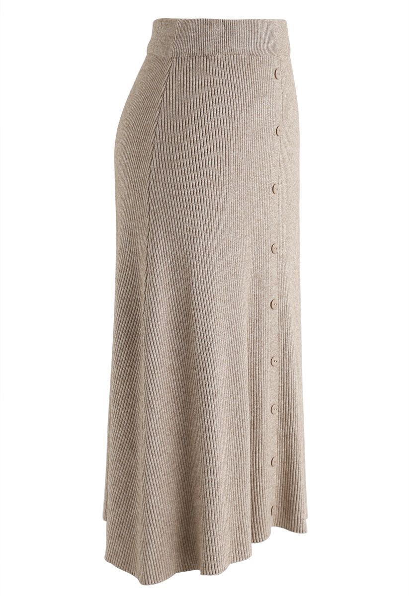 Button Front Trim Ribbed Knit Midi Skirt in Light Tan