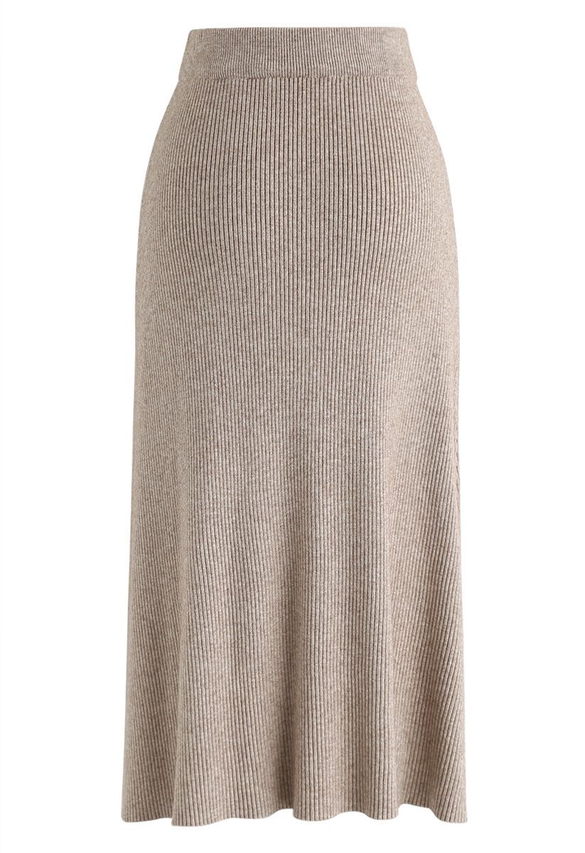 Button Front Trim Ribbed Knit Midi Skirt in Light Tan - Retro, Indie ...