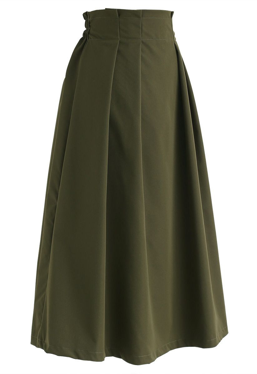 Pleated Elastic Waist A-Line Midi Skirt in Army Green - Retro, Indie ...