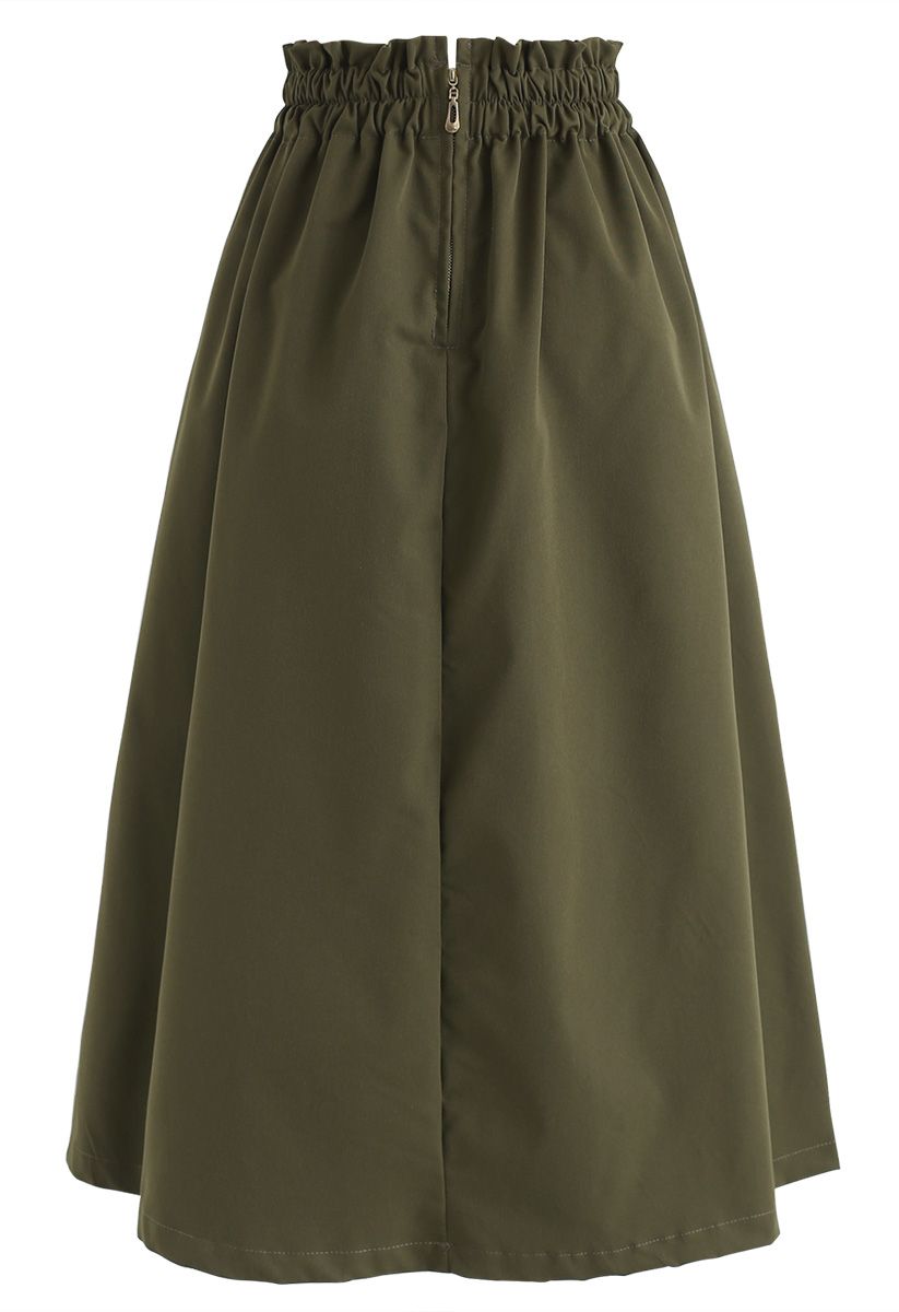 Pleated Elastic Waist A-Line Midi Skirt in Army Green - Retro, Indie ...