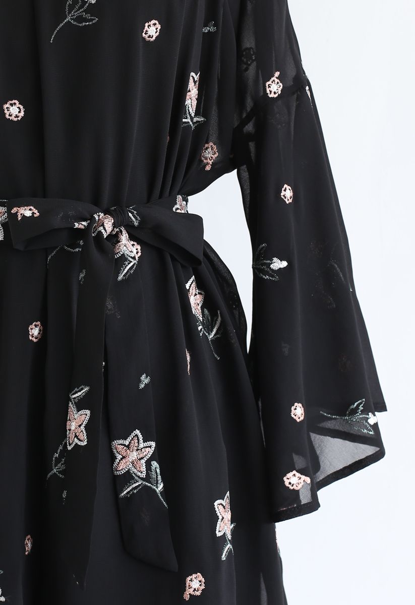 Floret Embroidered Bell Sleeves Chiffon Playsuit in Black