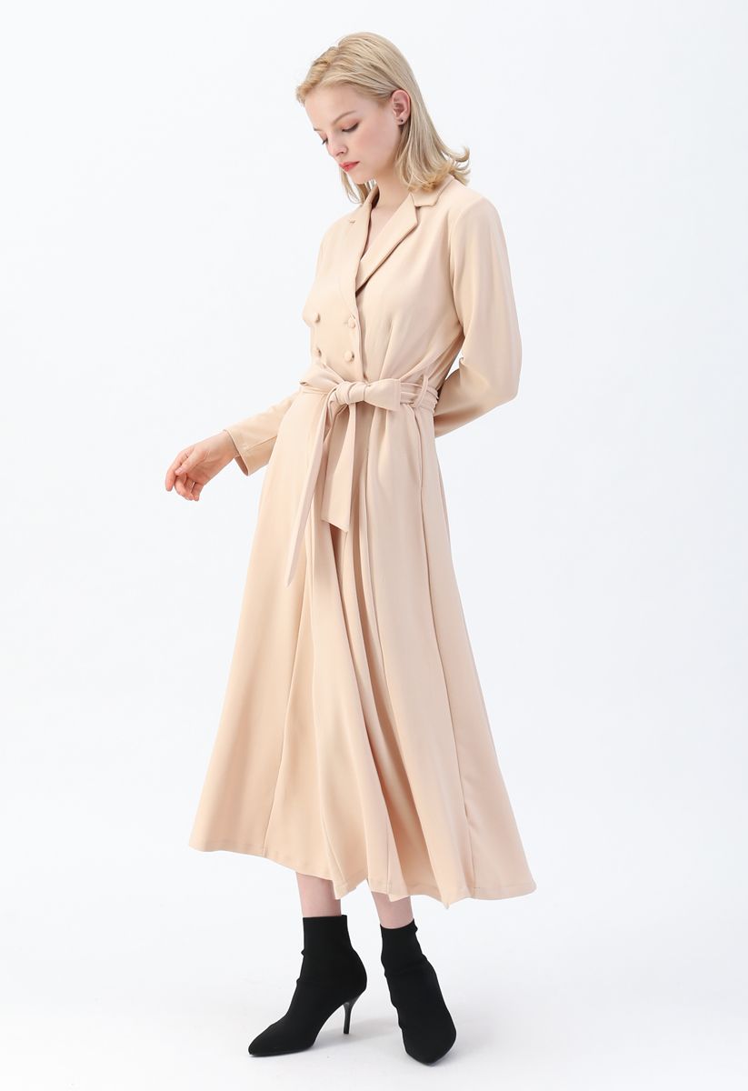 Self-Tied Bowknot Double-Breasted Maxi Dress in Cream
