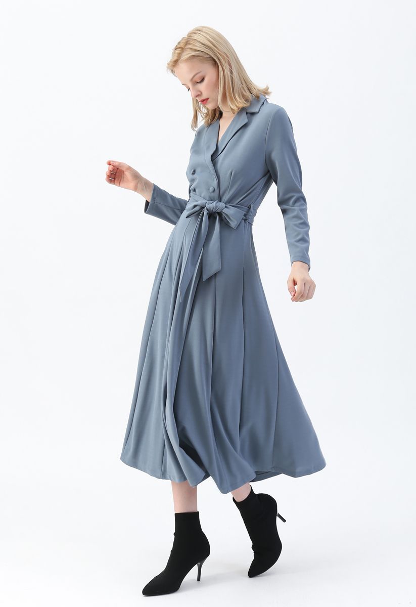 Self-Tied Bowknot Double-Breasted Maxi Dress in Dusty Blue - Retro ...