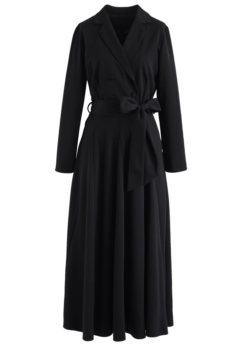 Self-Tied Bowknot Double-Breasted Maxi Dress in Black