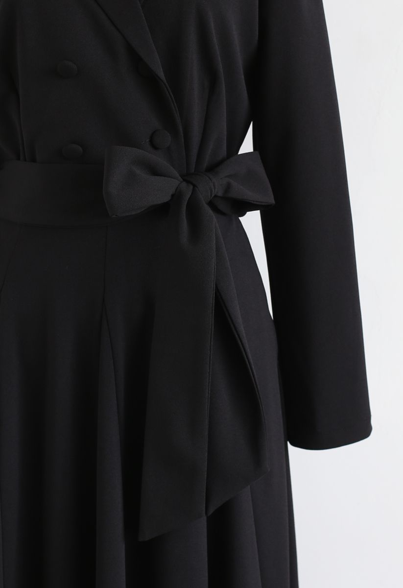 Self-Tied Bowknot Double-Breasted Maxi Dress in Black