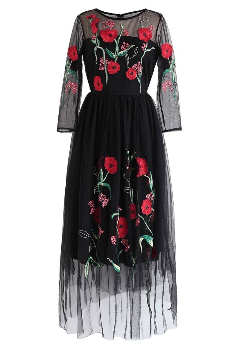 Floral Embroidered Double-Layered Mesh Dress in Black - Retro, Indie ...