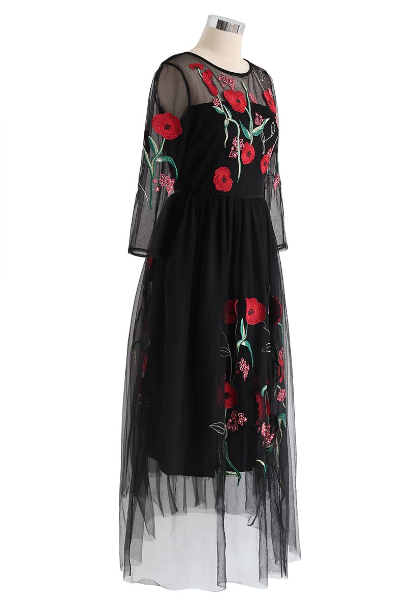 Floral Embroidered Double-Layered Mesh Dress in Black