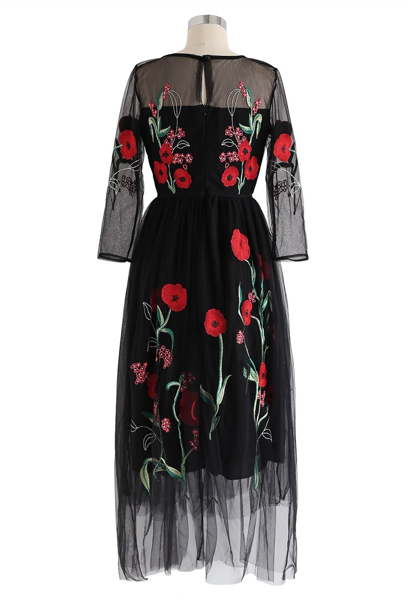 Floral Embroidered Double-Layered Mesh Dress in Black