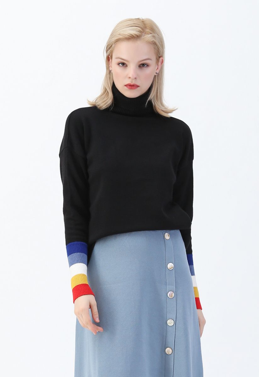 Color Blocked Cuffs Turtleneck Knit Sweater in Black