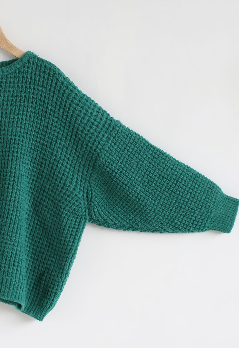 Puff Sleeves Oversize Waffle Knit Sweater in Teal
