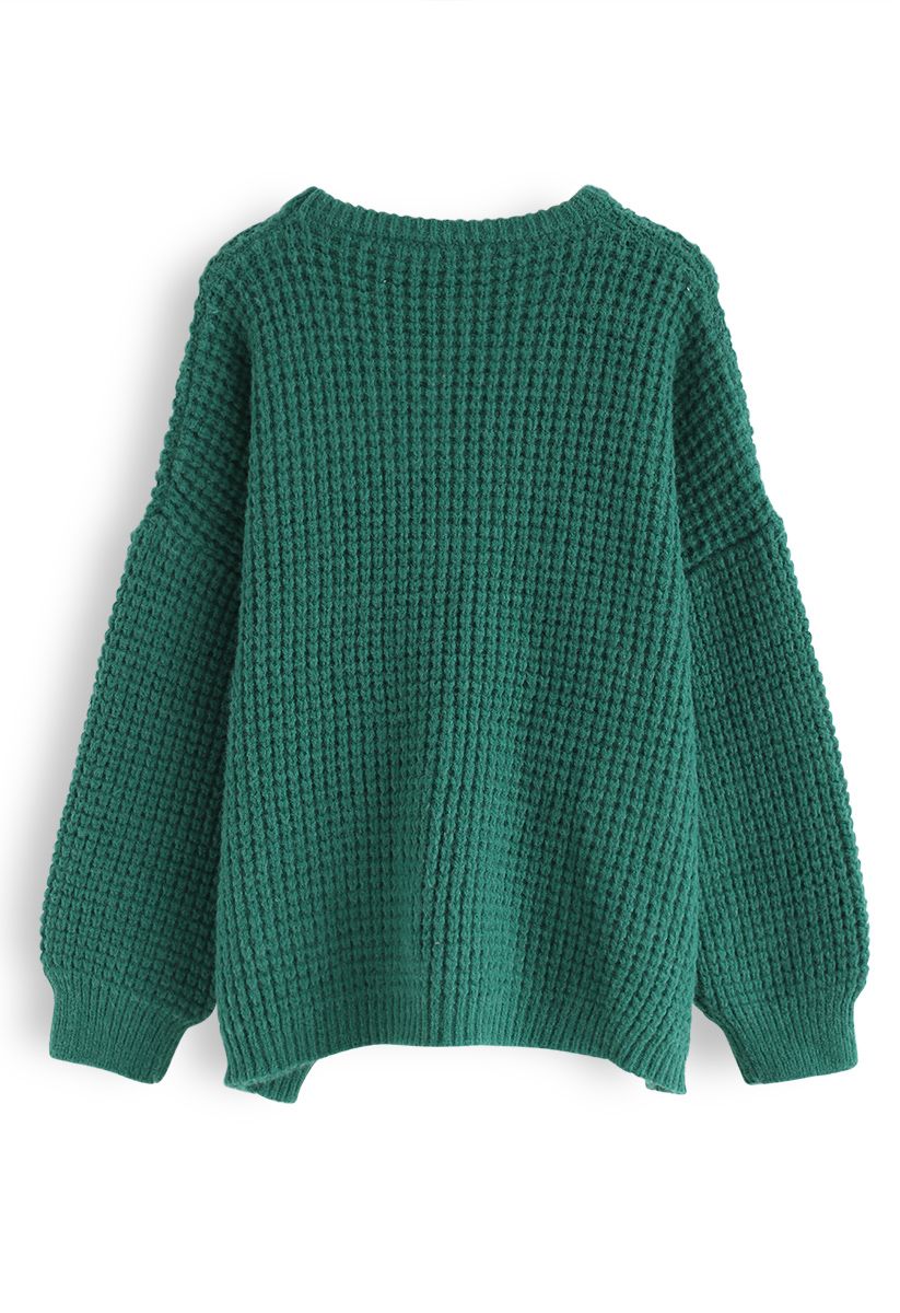 Puff Sleeves Oversize Waffle Knit Sweater in Teal