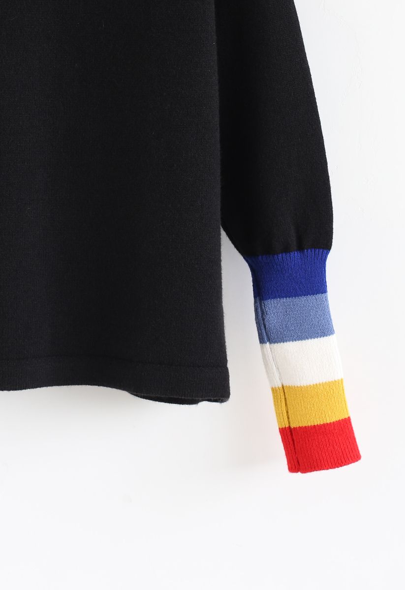 Color Blocked Cuffs Turtleneck Knit Sweater in Black