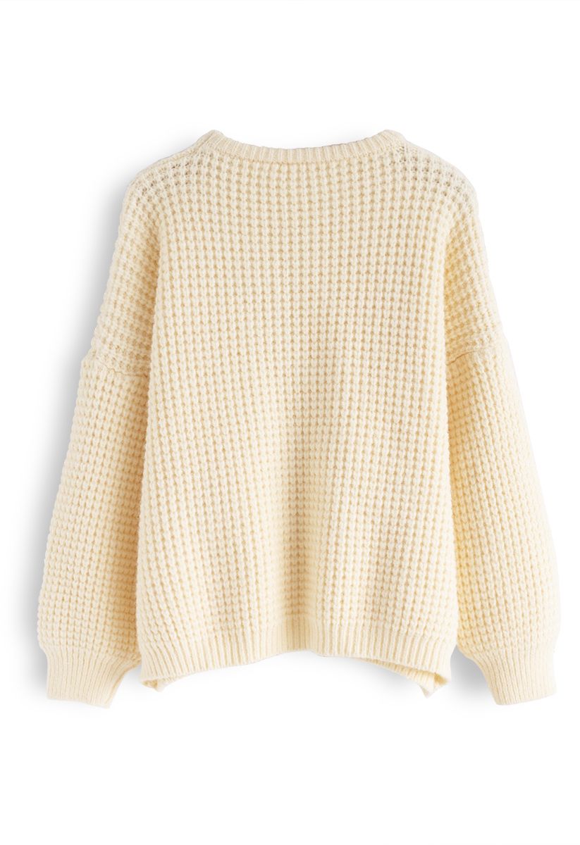Puff Sleeves Oversize Waffle Knit Sweater in Cream - Retro, Indie and ...