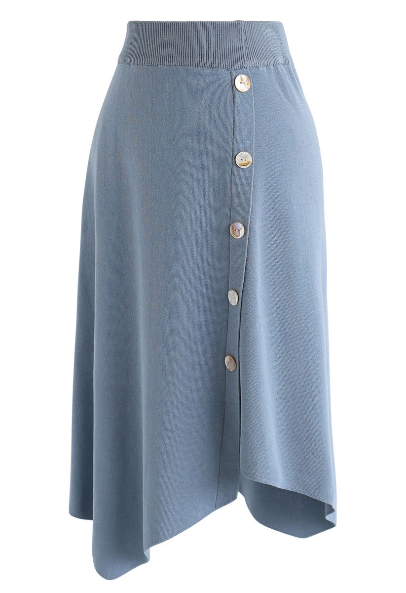 Shell Buttons Trim Asymmetric Knit Skirt in Blue - Retro, Indie and ...