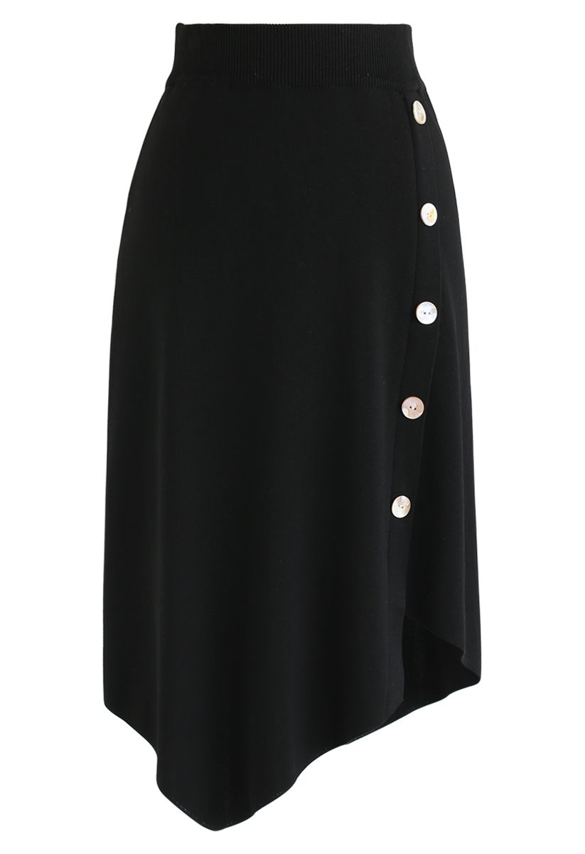 Shell Buttons Trim Asymmetric Knit Skirt in Black - Retro, Indie and ...