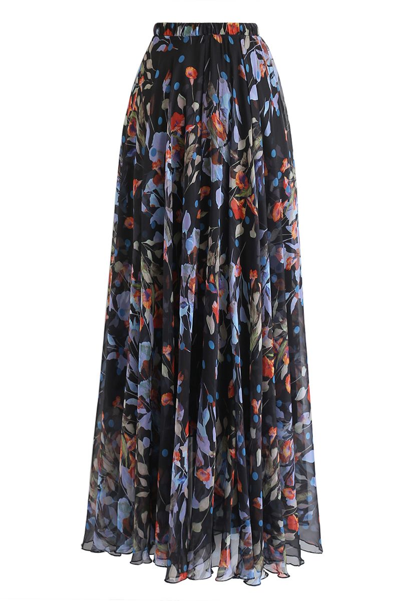 Blooming Calla Lily Watercolor Maxi Skirt in Black