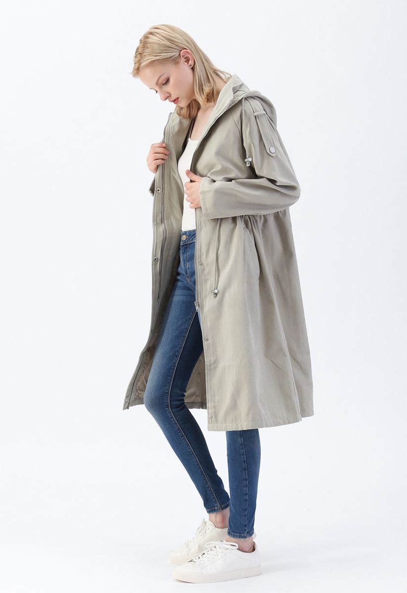 Drawstring Waist Hooded Trench Coat in Sand - Retro, Indie and Unique ...