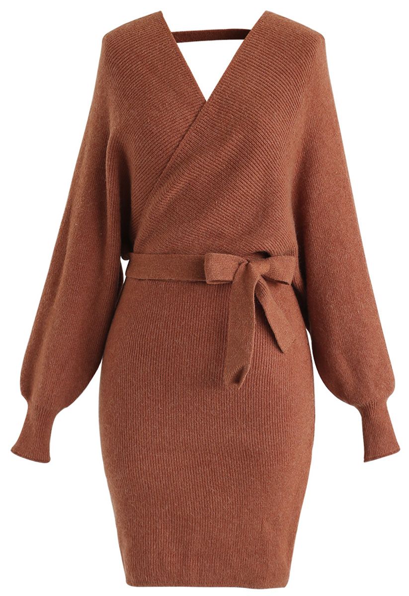 Modern Allure Wrapped Knit Dress in Caramel - Retro, Indie and Unique ...