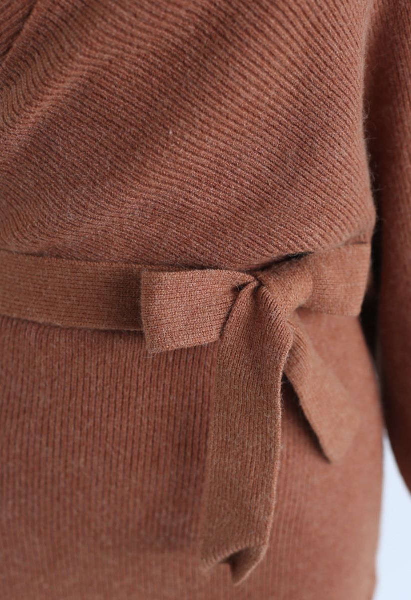 Modern Allure Wrapped Knit Dress in Caramel