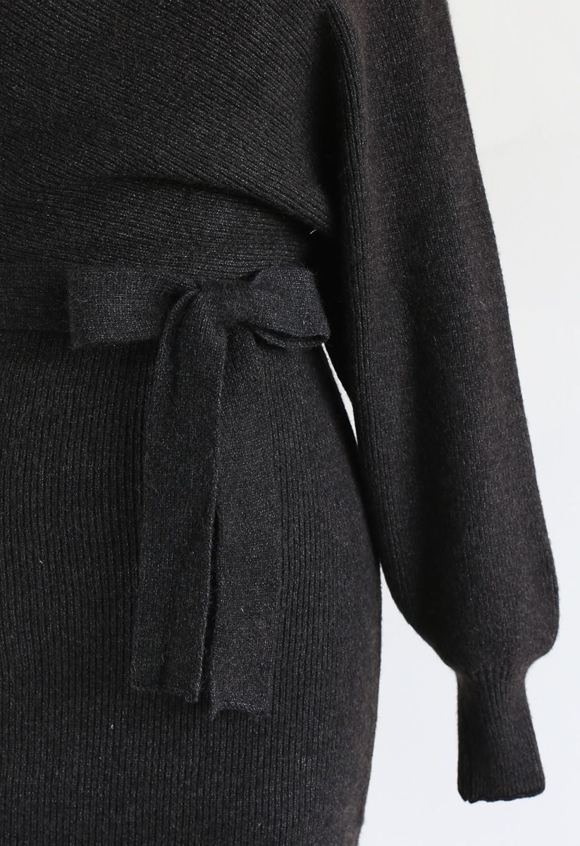 Modern Allure Wrapped Knit Dress in Dark Grey