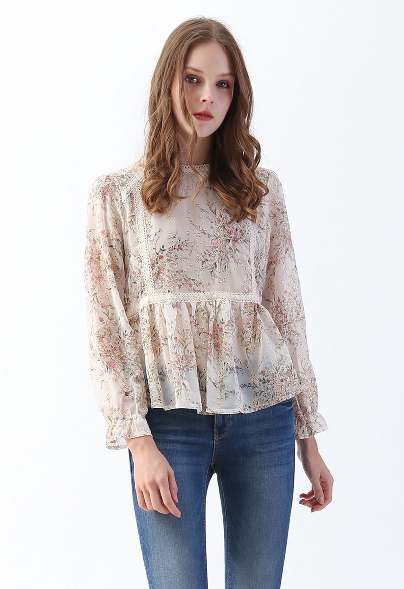 Bouquet Printed Eyelet Embroidered Peplum Top in Cream - Retro, Indie ...