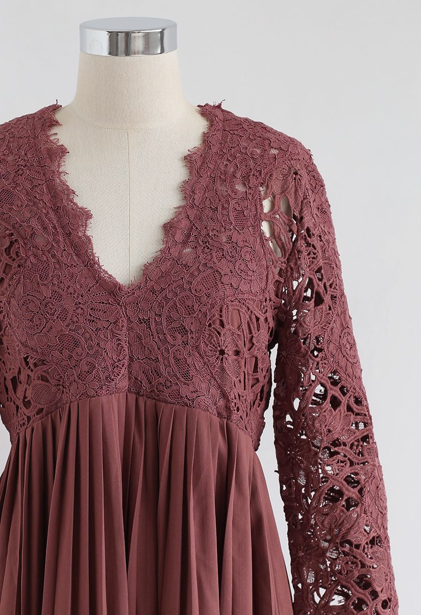 Lace Crochet V-Neck Pleated Dress - Retro, Indie and Unique Fashion