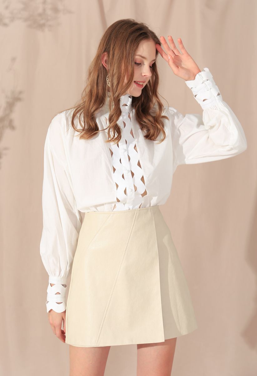 Button Front Wave Shaped Hi-Lo Shirt in White