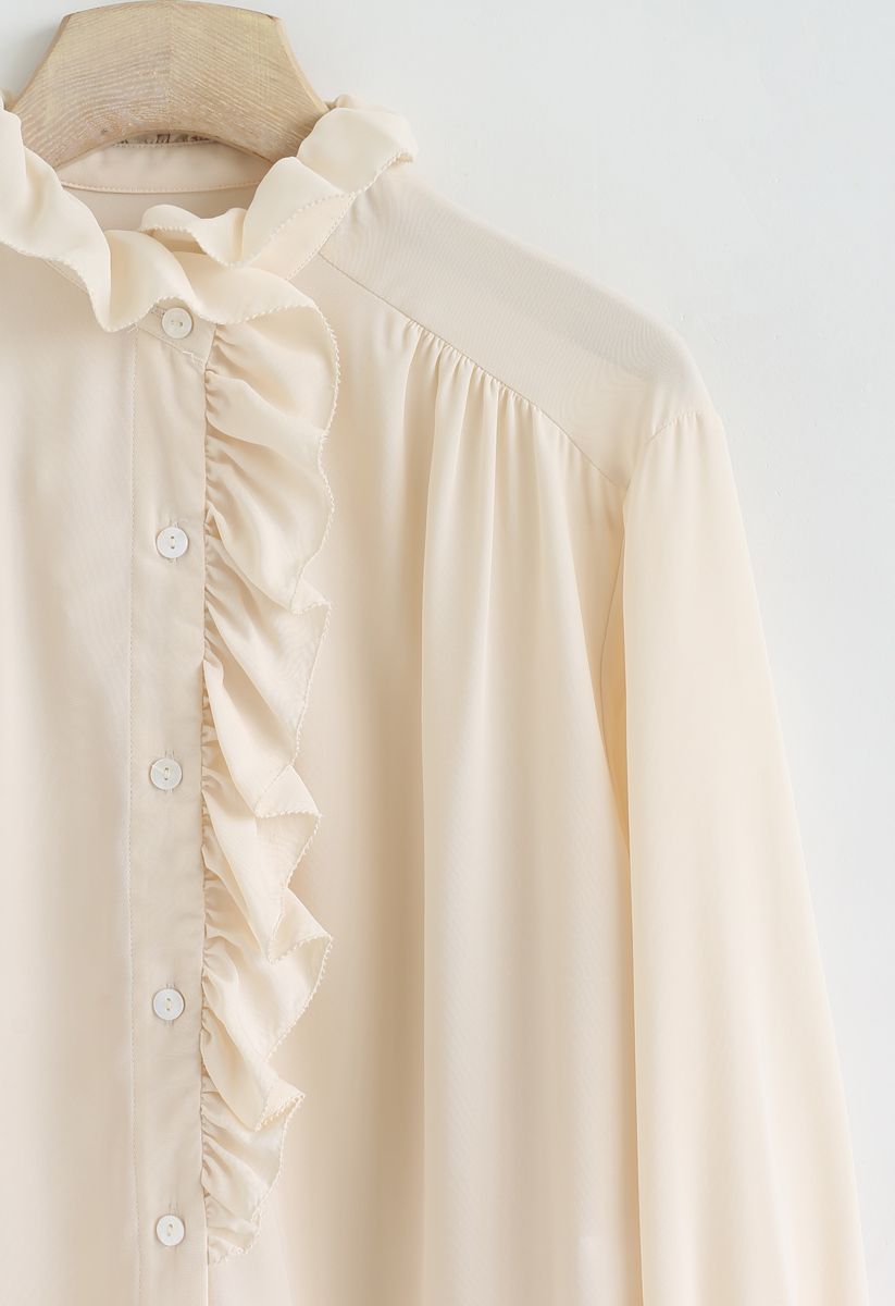 Button Front Ruffle Hi-Lo Shirt in Cream - Retro, Indie and Unique Fashion