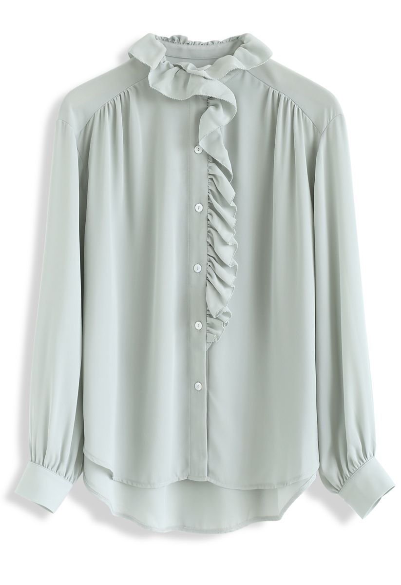 Button Front Ruffle Hi-Lo Shirt in Mint - Retro, Indie and Unique Fashion
