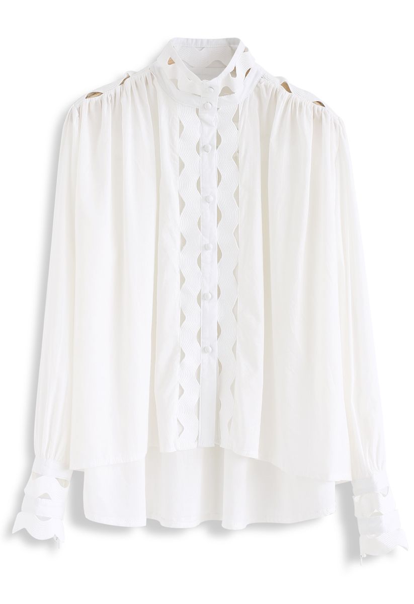 Button Front Wave Shaped Hi-Lo Shirt in White - Retro, Indie and Unique ...