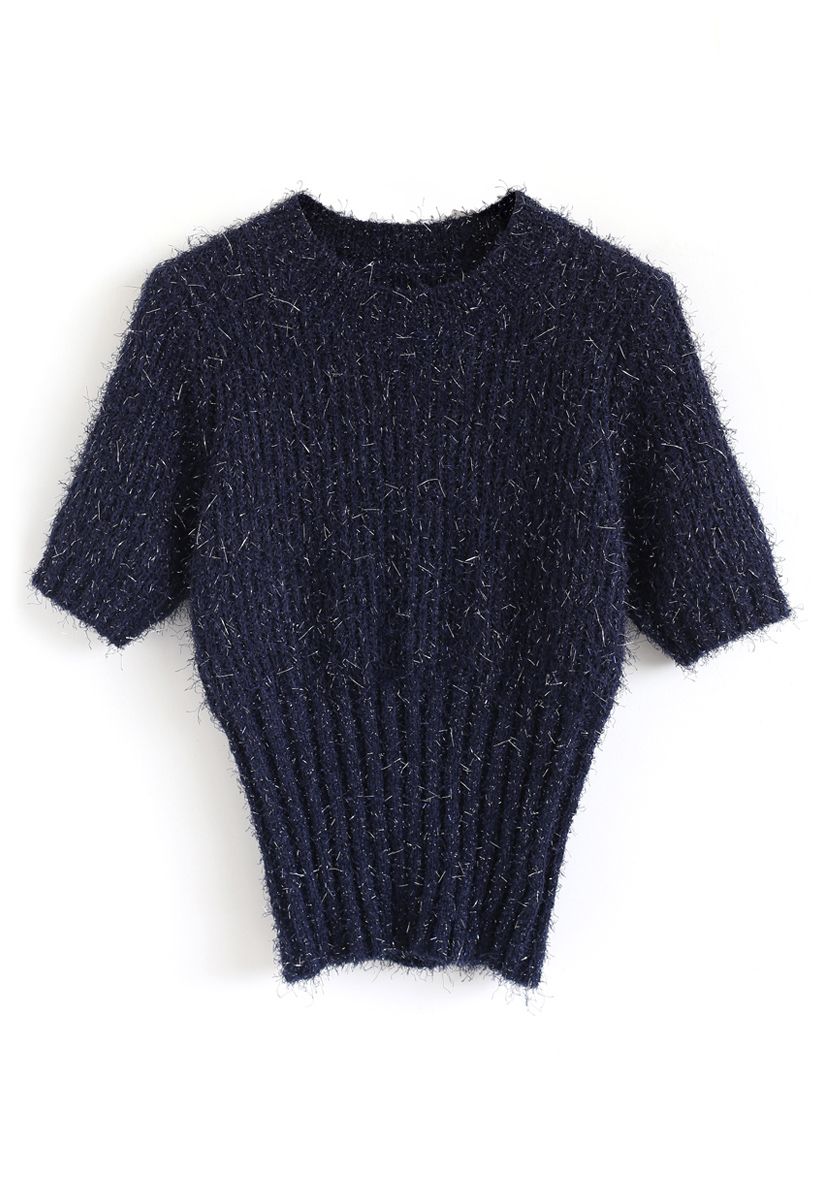 Shiny and Fluffy Short Sleeves Knit Sweater in Navy - Retro, Indie and ...