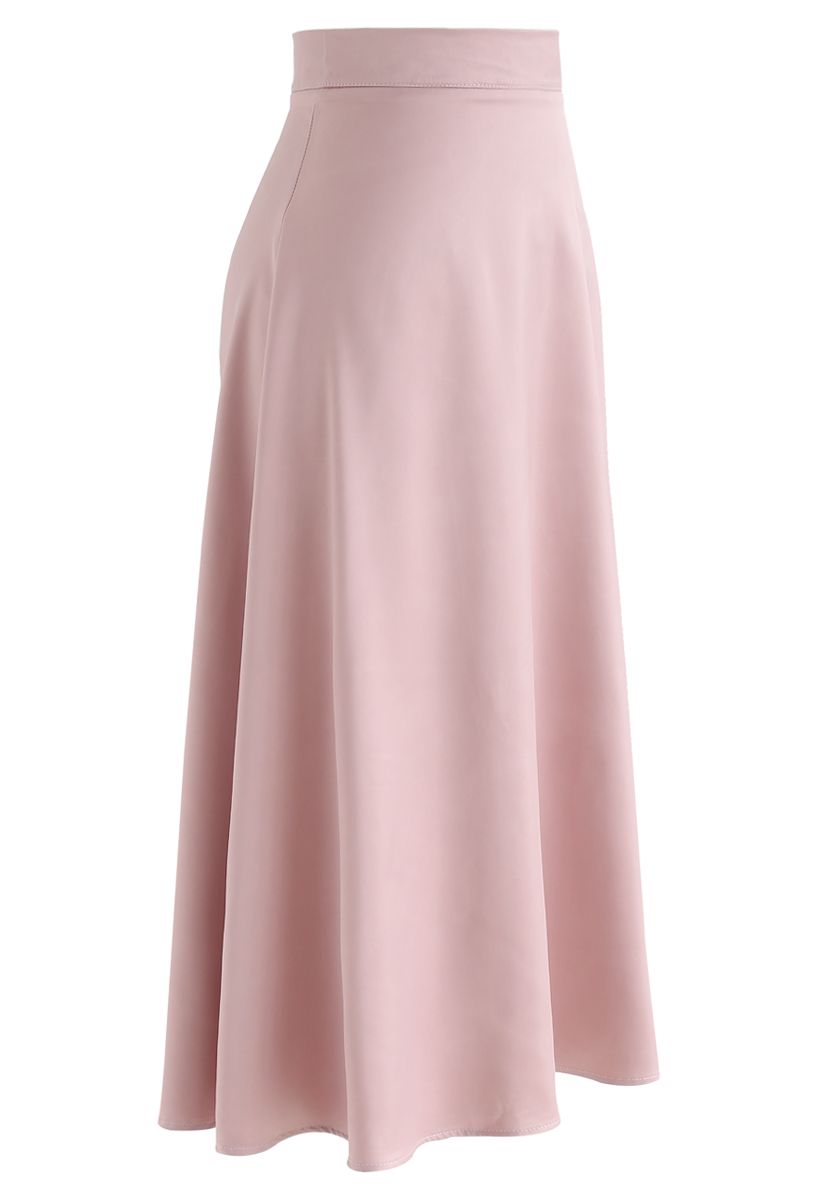 Satin A-Line Midi Skirt in Blush Pink