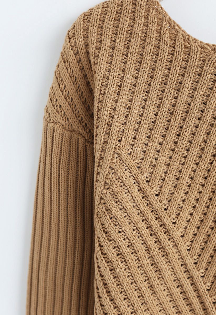 Bowknot Cutout Back Ribbed Knit Sweater in Tan