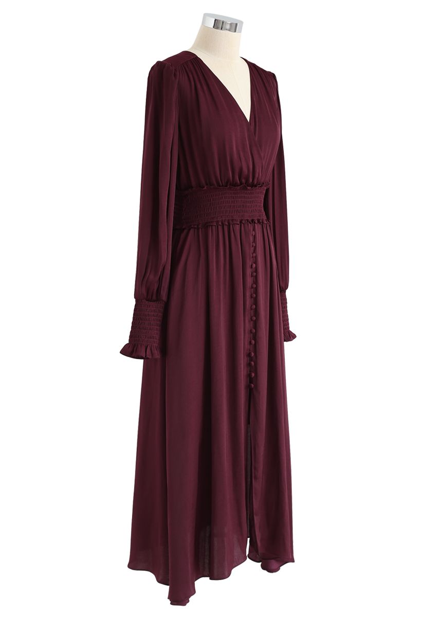 Satin Button Down Wrap Midi Dress in Wine - Retro, Indie and Unique Fashion