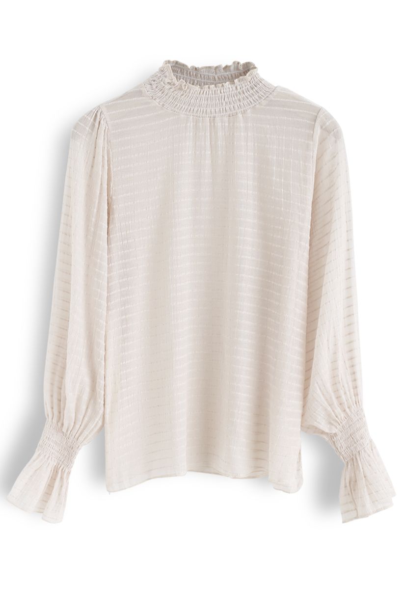 Puff Sleeves Shirred Neck Top in Cream - Retro, Indie and Unique Fashion