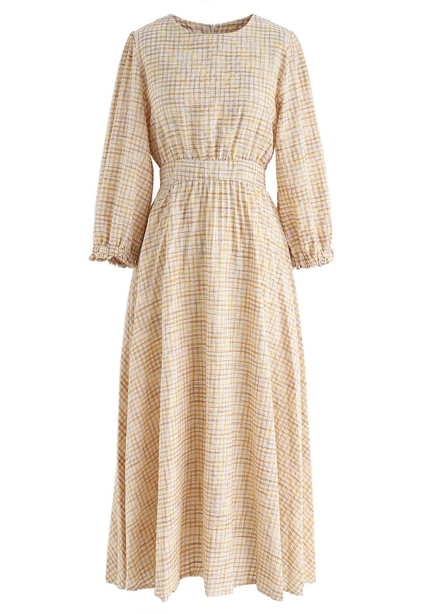 Gingham Pattern Belted Midi Dress in Mustard - Retro, Indie and Unique ...