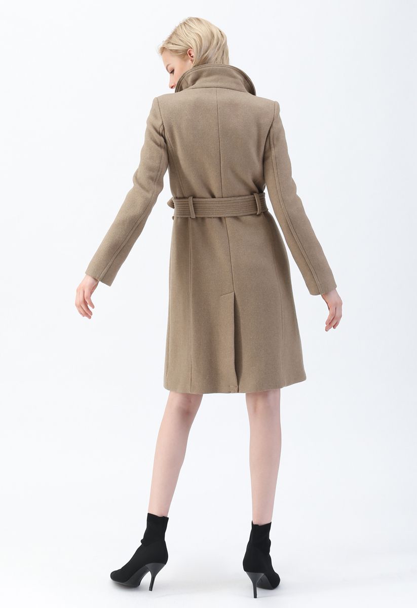 Button Neck Belted Wool-Blended Coat - Retro, Indie and Unique Fashion