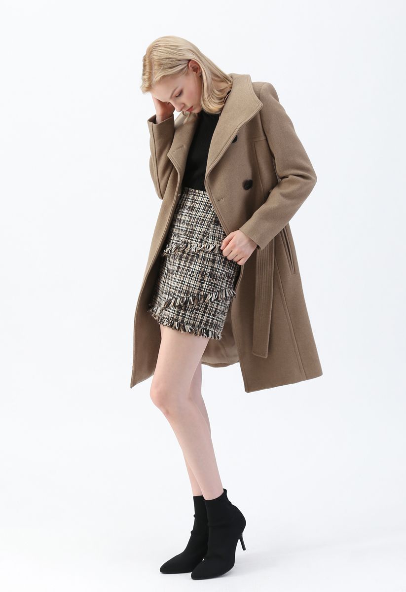 Button Neck Belted Wool-Blended Coat - Retro, Indie and Unique Fashion