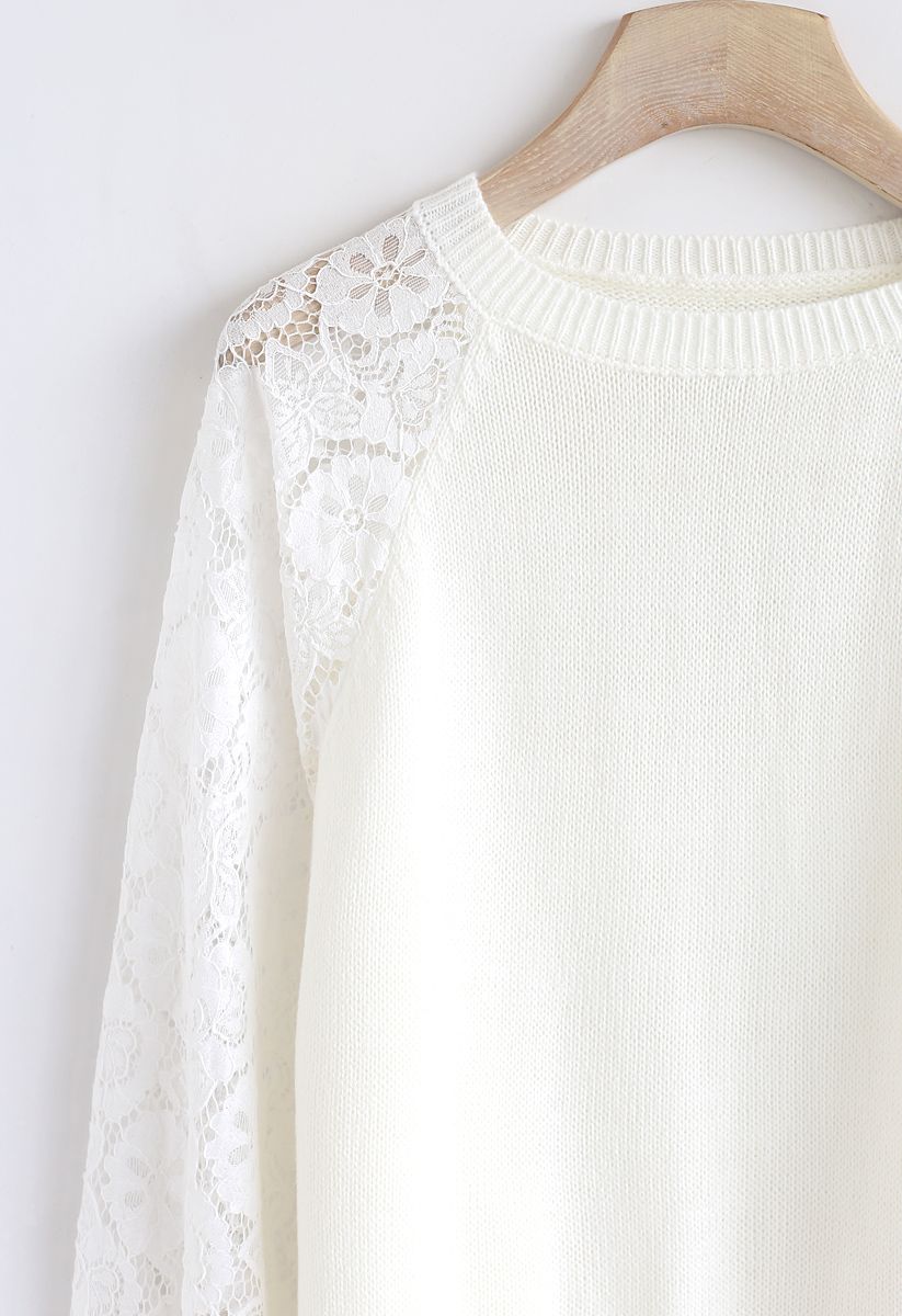 Floral Lace Sleeves Knit Sweater in White