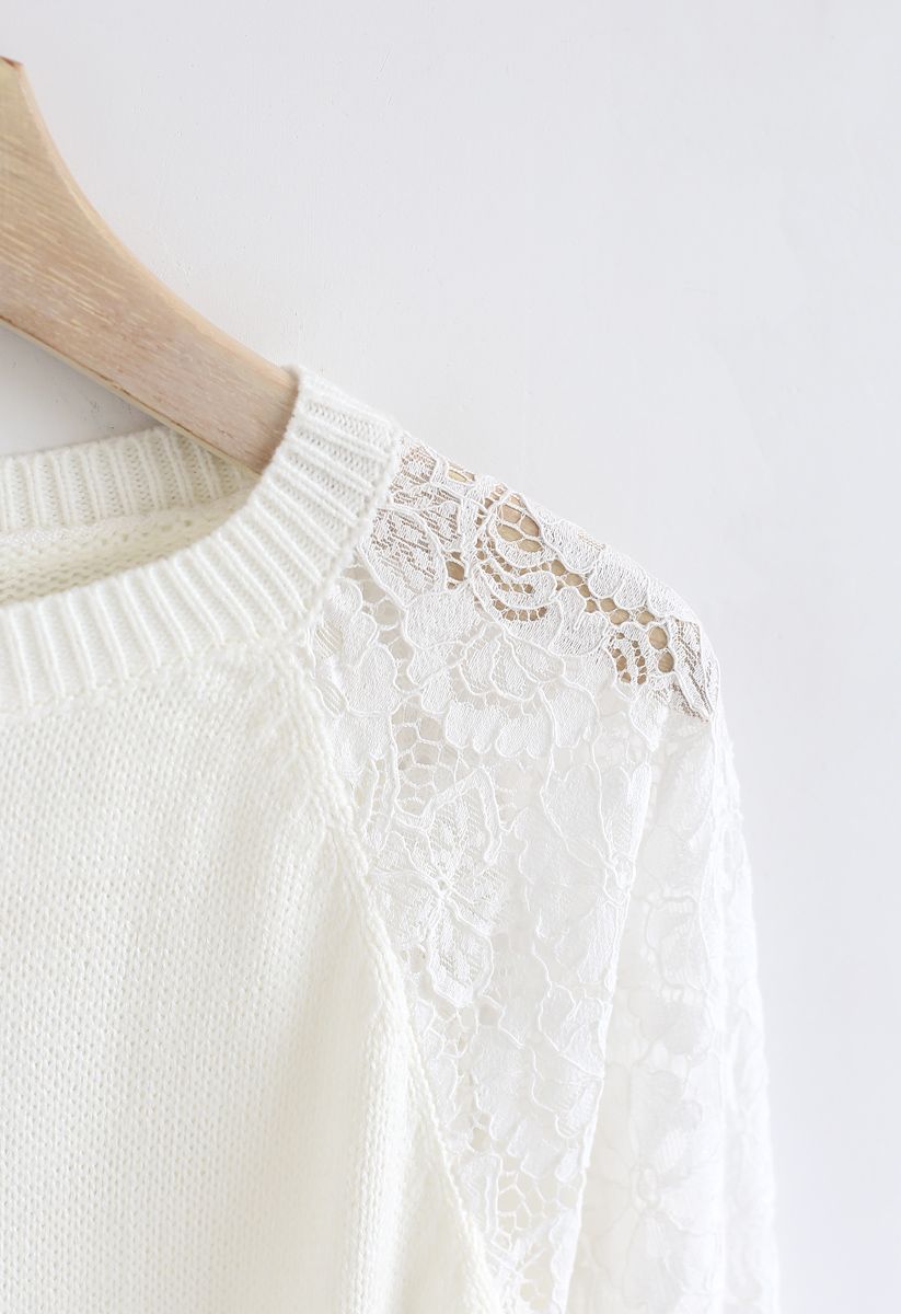 Floral Lace Sleeves Knit Sweater in White
