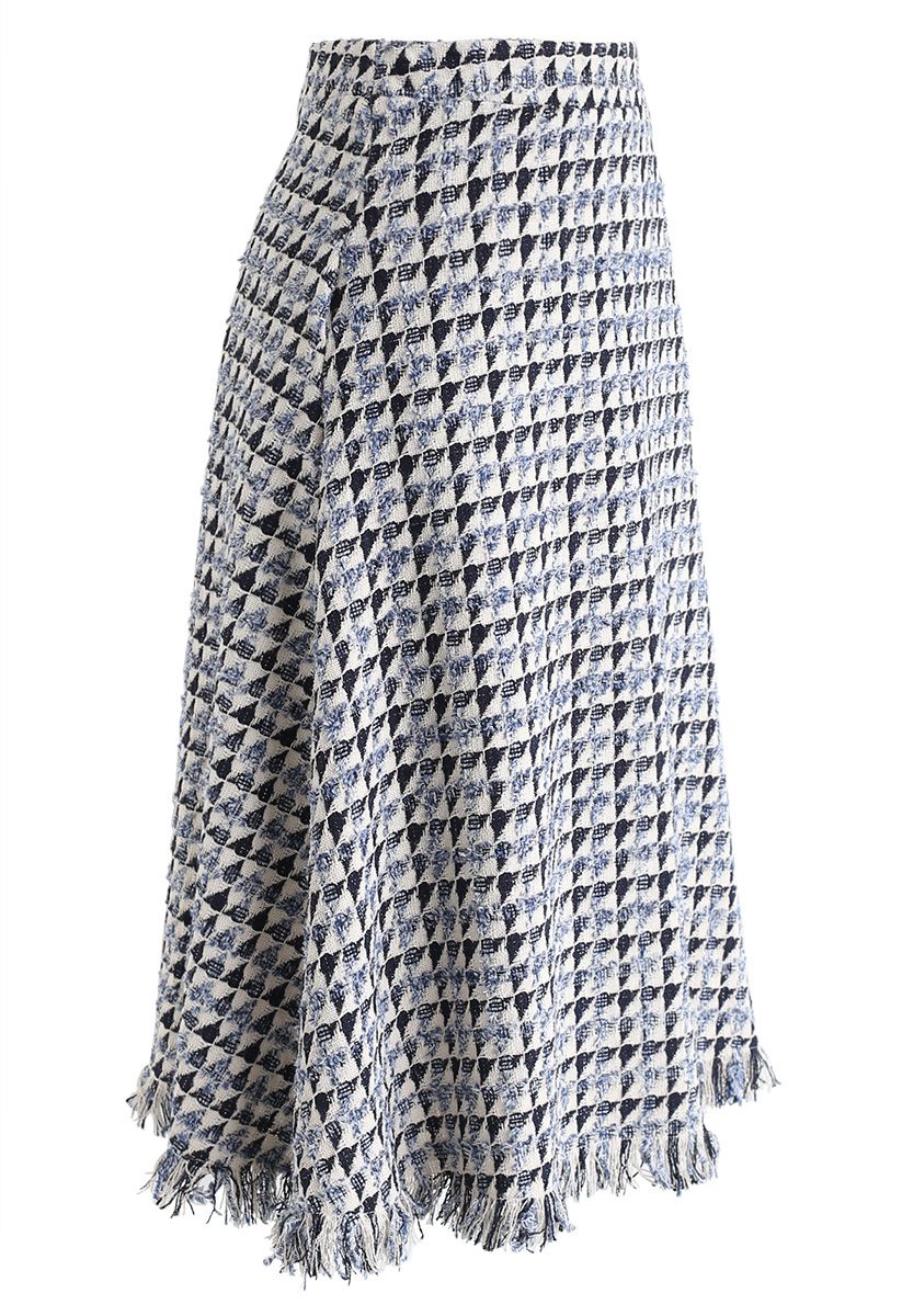 Tassel Hem Textured Tweed Asymmetric Skirt in Navy